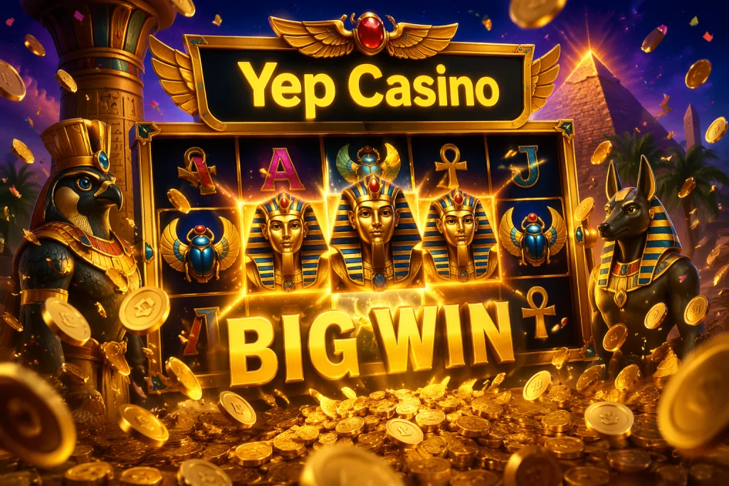 Egyptisch thema-slot met scarabee en farao-symbolen tijdens grote winst bij Yep Casino
