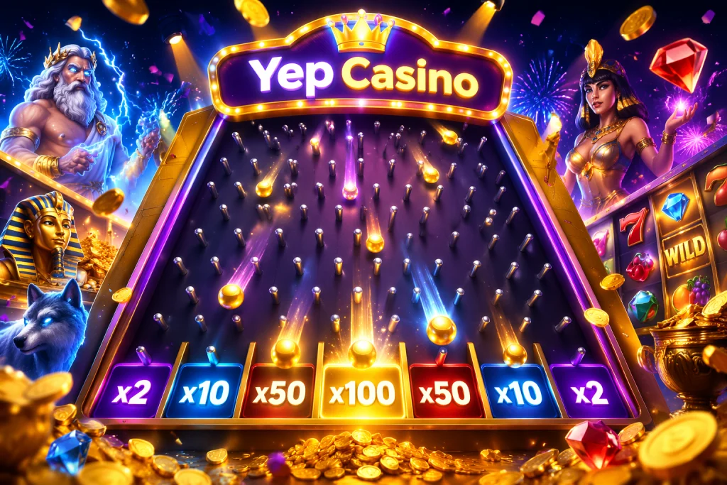 Plinko-bord met pinnen en vallende balletjes naar hoge multipliervakjes bij Yep Casino
