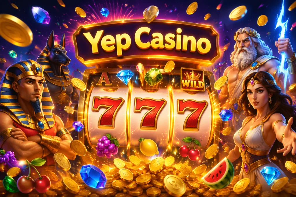 Yep Casino app op een smartphonescherm met een live crash-multiplier en slottegels