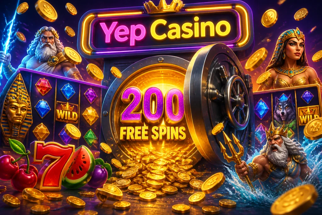 Bonuskluis met 200 free spins en muntenregen in de huiskleuren van Yep Casino